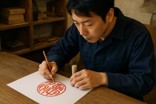 印面のデザインをする中年の職人さん